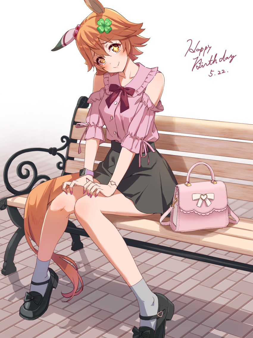 +_+ 1girl alternate_costume animal_ears bag bare_shoulders bench black_footwear bow bracelet closed_mouth clothing_cutout clover_hair_ornament dated ear_covers grey_skirt grey_socks hair_between_eyes hair_ornament handbag happy_birthday highres horse_ears horse_girl horse_tail jewelry jirai_kei long_sleeves looking_at_viewer mary_janes matikanefukukitaru_(umamusume) nail_polish on_bench orange_hair pink_bag pink_bow pink_nails pink_shirt shirt shoes short_hair shoulder_cutout simple_background single_ear_cover sitting sitting_on_bench skirt smartwatch smile socks solo tail umamusume watch watch white_background yazawa_happyaro yellow_eyes