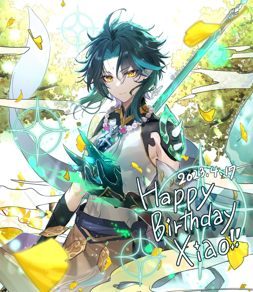 1boy ahoge aqua_hair arm_tattoo armor belt black_gloves black_mask black_pants blue_hair branch character_name closed_mouth covered_navel dated detached_sleeves english_text eyeshadow facial_mark forehead_mark genshin_impact gloves hair_between_eyes hand_up happy_birthday highres holding holding_mask holding_weapon jewelry leaf long_sleeves looking_at_viewer makeup male_focus mandarin_collar mask matori_(penguin_batake) multicolored_hair necklace pants pearl_necklace primordial_jade_winged-spear_(genshin_impact) purple_belt red_eyeshadow shirt short_hair shoulder_armor single_bare_shoulder single_detached_sleeve sleeveless sleeveless_shirt solo standing tassel tattoo tree two-tone_hair weapon white_background white_shirt wide_sleeves xiao_(genshin_impact) yellow_eyes