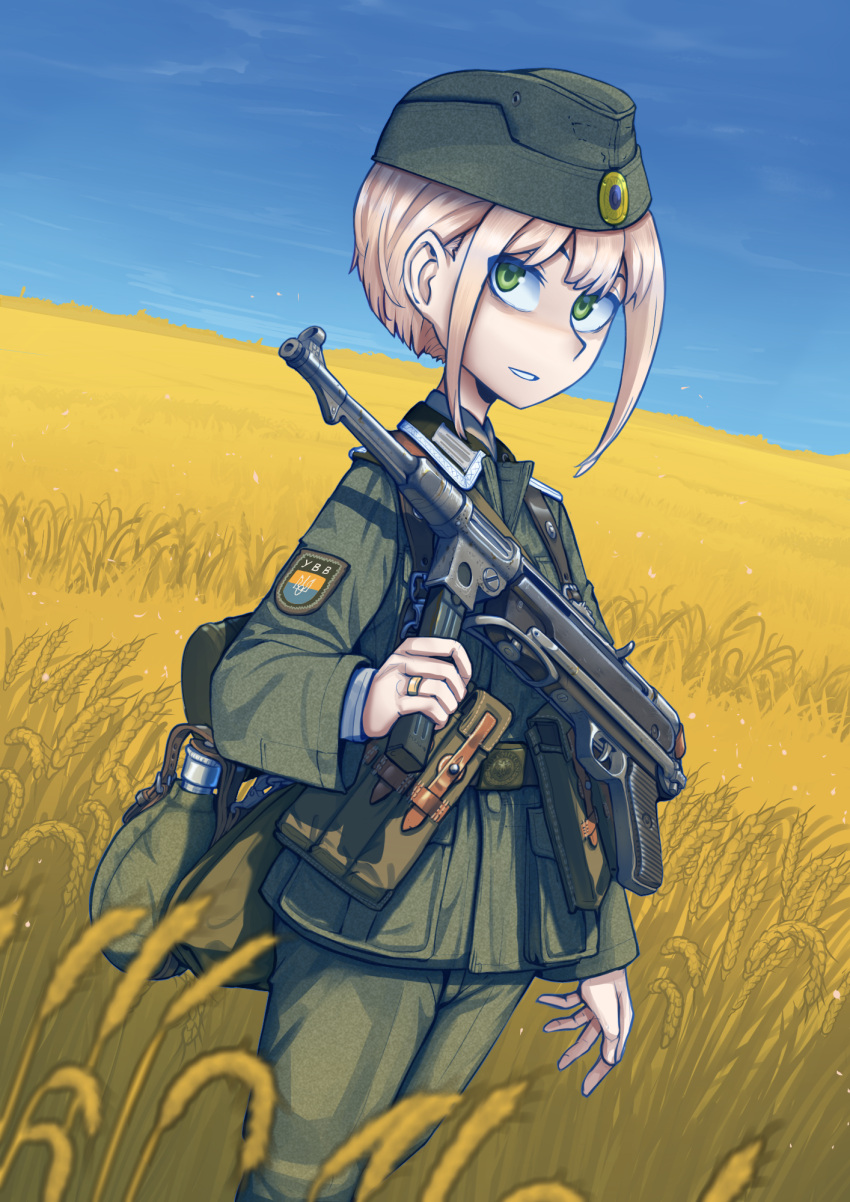 backpack bag belt belt_pouch blonde_hair blue_skirt canteen clear_sky commentary dutch_angle english_commentary erica_(naze1940) garrison_cap green_bag green_belt green_eyes green_jacket green_pants gun hat highres holding holding_gun holding_weapon jacket jewelry light_smile military military_uniform nose original pants parted_lips pouch ring shaded_face short_hair short_hair_with_long_locks sidelocks skirt sky smile submachine_gun ukraine uniform upturned_eyes weapon wheat wheat_field world_war_ii