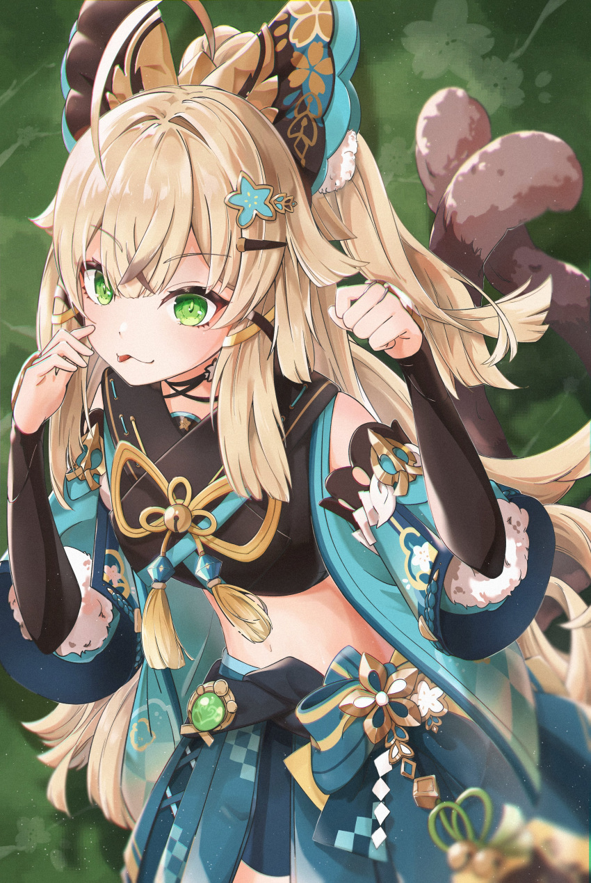 1girl absurdres ahoge animal_ears blue_skirt blue_vest bridal_gauntlets cat_ears cat_girl cat_tail crop_top detached_sleeves floral_print genshin_impact green_eyes hair_ornament highres japanese_clothes kirara_(genshin_impact) light_brown_hair long_hair midriff multiple_tails navel paw_pose ponytail shake_tama skirt solo stomach tail tassel tongue tongue_out two_tails vest vision_(genshin_impact)