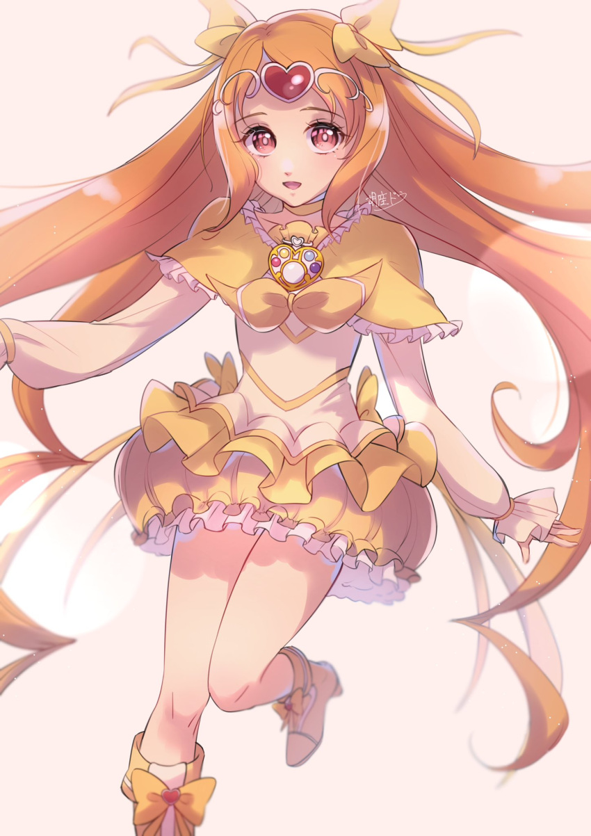 1girl agura_dou boots bow brooch bubble_skirt capelet choker circlet cowboy_shot cure_muse_(yellow) frills gradient_background hair_ribbon heart heart_brooch highres jewelry long_hair long_sleeves looking_at_viewer magical_girl open_mouth orange_hair precure red_eyes ribbon shirabe_ako signature skirt smile solo standing standing_on_one_leg suite_precure tiara yellow_background yellow_bow yellow_choker yellow_skirt
