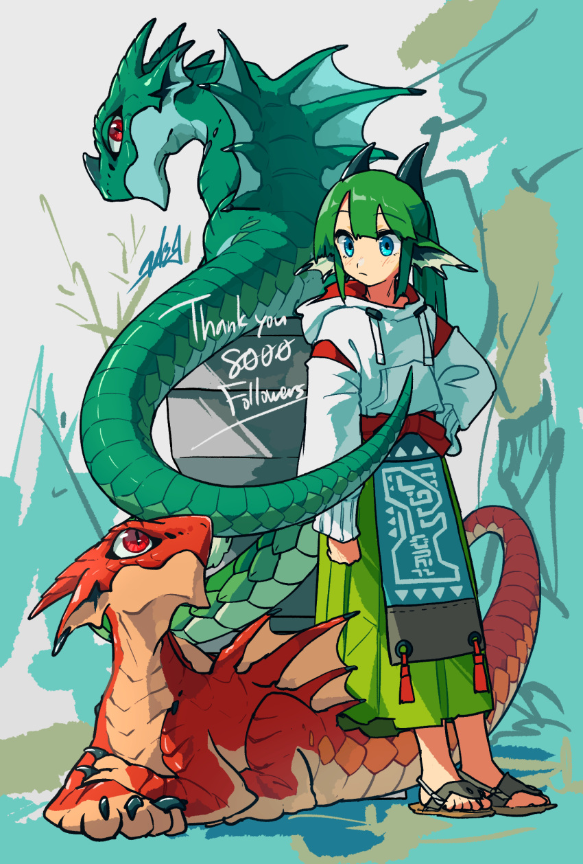 1girl aqua_apron blue_eyes closed_mouth doggo_1d34 dragon dragon_girl dragon_horns dragon_tail drawstring fins full_body green_hair green_hakama green_skirt green_tail hakama hakama_skirt hand_on_own_hip head_fins highres hood hood_down hoodie horns japanese_clothes leaning leaning_back leaning_on_object long_hair long_skirt long_sleeves looking_at_viewer milestone_celebration original pleated_skirt sandals signature skirt sleeves_past_wrists solo standing tail thank_you western_dragon white_hoodie