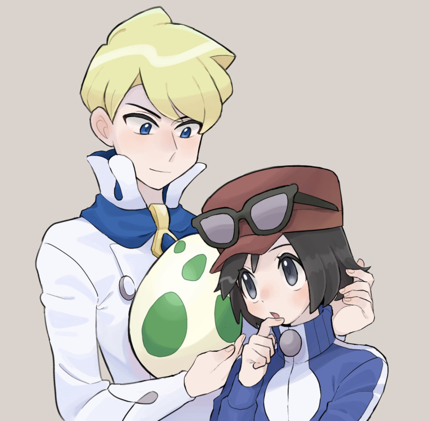 2boys :o blonde_hair blue_eyes blue_jacket blue_scarf buttons calem_(pokemon) closed_mouth commentary_request egg eyelashes eyewear_on_headwear grey_eyes hand_up hat high_collar highres holding holding_egg jacket long_sleeves looking_down male_focus multiple_boys open_mouth pokemon pokemon_(game) pokemon_egg pokemon_xy red_headwear sana_(37pisana) scarf shirt short_hair siebold_(pokemon) smile sunglasses turtleneck turtleneck_jacket upper_body white_shirt