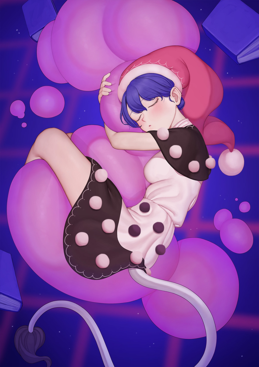 1girl black_dress blush book breasts closed_eyes commentary doremy_sweet dream_soul dream_world_(touhou) dress full_body hat highres medium_breasts ni_(221) nightcap open_mouth pom_pom_(clothes) purple_hair red_headwear short_hair sleeping solo symbol-only_commentary tail tapir_tail touhou white_dress