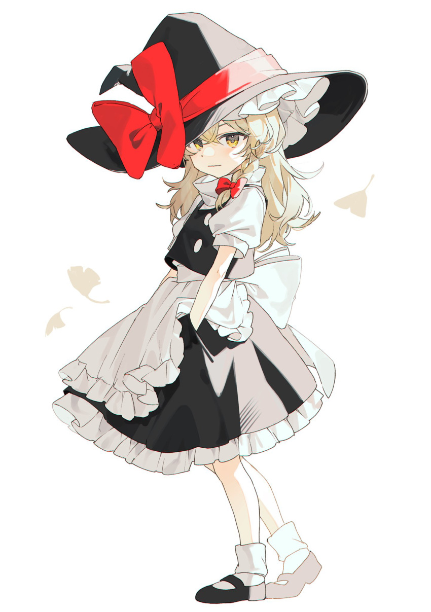 1girl apron black_footwear black_skirt black_vest blonde_hair bow closed_mouth commentary_request expressionless eyebrows_hidden_by_hair flat_chest frilled_skirt frills full_body hair_between_eyes hair_bow hair_ribbon hands_in_pockets hat hat_bow highres jill_07km kirisame_marisa leaf long_hair looking_at_viewer puffy_short_sleeves puffy_sleeves red_bow ribbon shirt shoes short_sleeves simple_background skirt skirt_set socks solo touhou tress_ribbon vest waist_apron white_background white_shirt white_socks witch_hat yellow_eyes