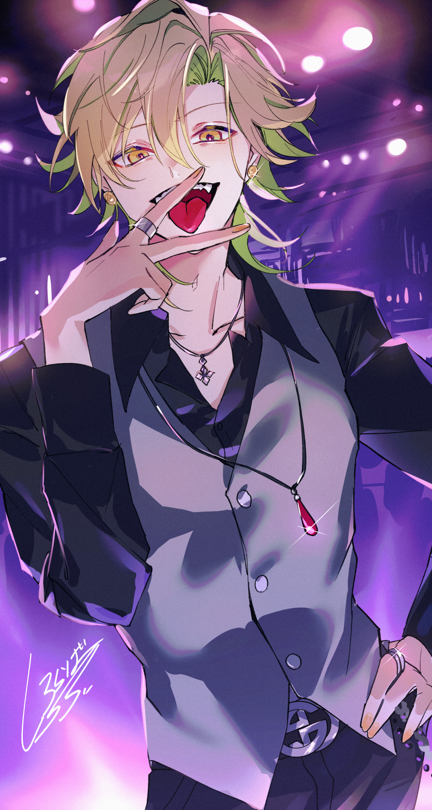 1boy absurdres belt black_belt black_pants black_shirt blonde_hair collared_shirt cowboy_shot ear_piercing fingernails gem grey_vest hair_between_eyes hand_on_own_hip hand_up highres hypnosis_mic izanami_hifumi jewelry long_sleeves looking_at_viewer male_focus nail_polish necklace open_mouth pants piercing red_gemstone ring shiroraba shirt short_hair signature solo sparkle teeth tongue tongue_out upper_teeth_only vest yellow_eyes yellow_nails