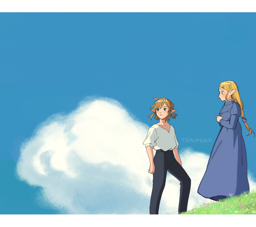 1boy 1girl alternate_hairstyle artist_name black_pants blonde_hair blue_dress blue_eyes blue_sky blush bow braid breasts buttons closed_mouth clouds cloudy_sky collarbone cosplay crossover day dress earrings flower grass hair_bow hair_ornament hairpin hands_up highres howl_(howl_no_ugoku_shiro) howl_(howl_no_ugoku_shiro)_(cosplay) howl_no_ugoku_shiro jewelry juliet_sleeves light_brown_hair link long_hair long_sleeves looking_at_another looking_to_the_side medium_breasts no_mouth outdoors pants pink_flower pointy_ears princess_zelda puffy_short_sleeves puffy_sleeves purple_bow shirt short_hair short_sleeves sky smile sophie_(howl_no_ugoku_shiro) sophie_(howl_no_ugoku_shiro)_(cosplay) standing tealakko the_legend_of_zelda the_legend_of_zelda:_breath_of_the_wild white_shirt
