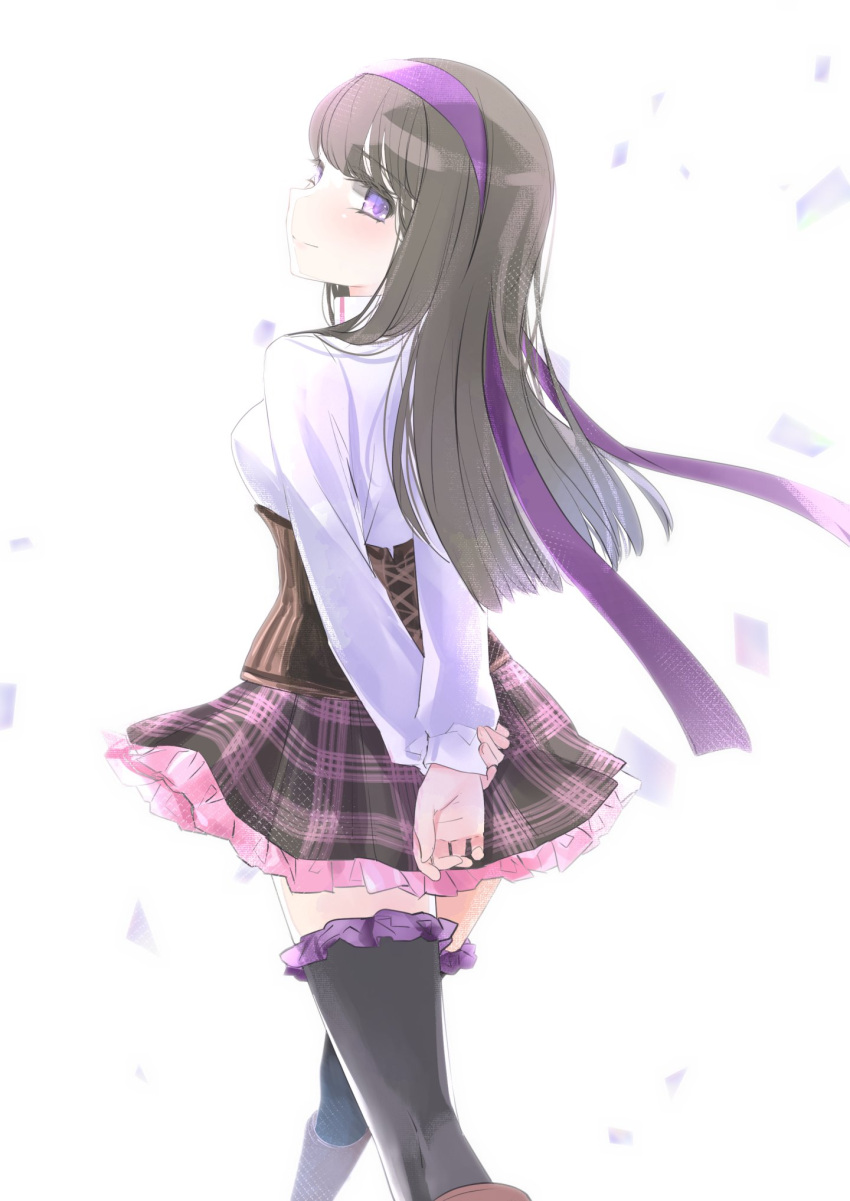 1girl aohashi_ame arms_behind_back assault_lily black_footwear black_thighhighs boots breasts brown_hair closed_mouth collared_shirt commentary_request confetti corset feet_out_of_frame frilled_skirt frilled_thighhighs frills from_behind hair_ribbon hairband hand_on_own_arm highres kishimoto_maria_mirai knee_boots long_hair looking_at_viewer looking_back ludvico_private_girls'_academy_school_uniform medium_breasts miniskirt pink_skirt plaid plaid_skirt purple_hairband purple_ribbon ribbon school_uniform shirt simple_background skirt smile solo standing thigh-highs thighhighs_under_boots underbust violet_eyes white_background white_shirt zettai_ryouiki