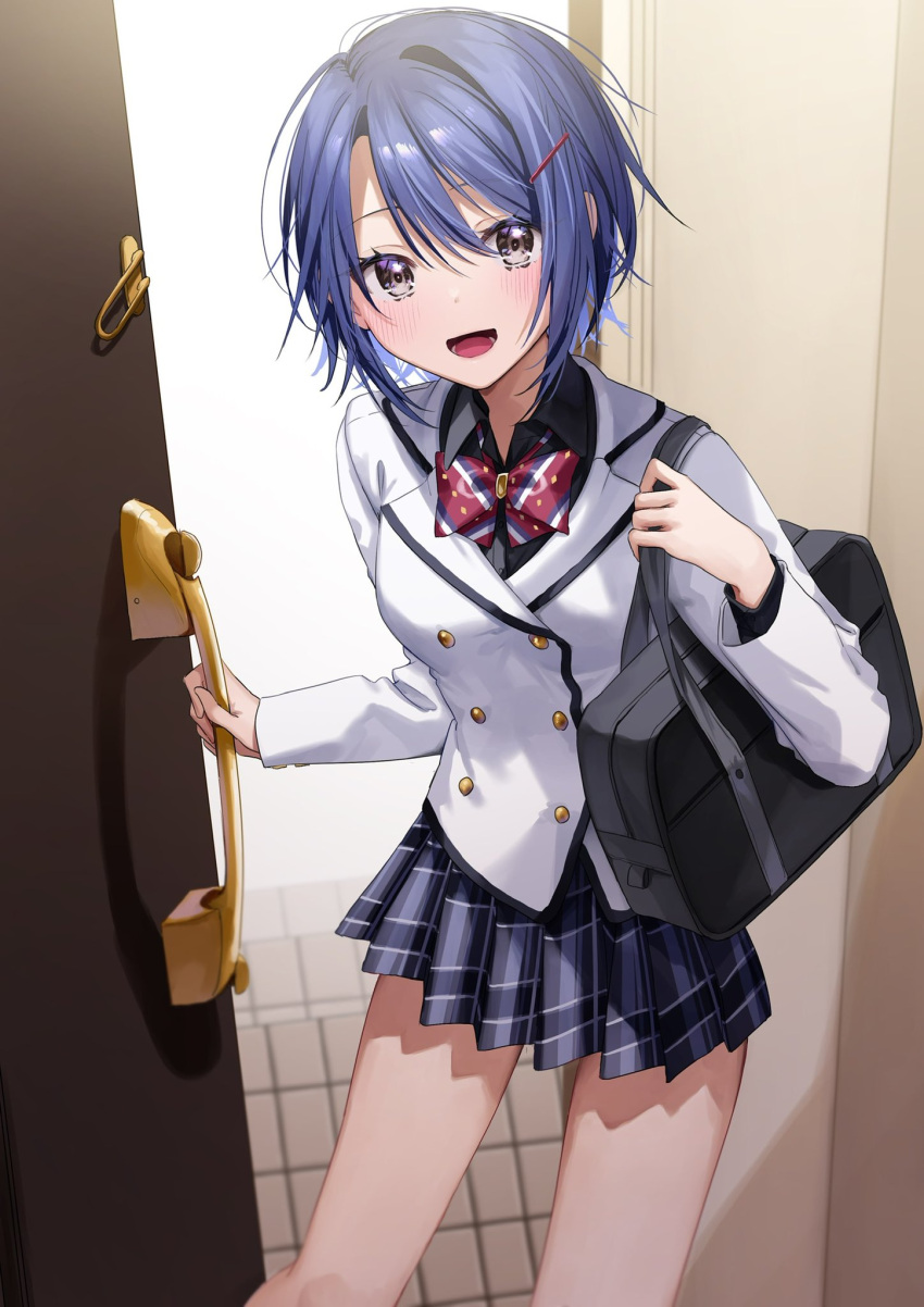 1girl akira_(jitsuimo) blue_hair blush breasts brown_eyes chigusa_minori collared_shirt cover cover_image hair_ornament highres indoors jitsu_wa_imouto_deshita. looking_at_viewer novel_illustration official_art open_mouth school_uniform second-party_source shadow shirt short_hair skirt small_breasts smile solo standing textless_version thighs tile_floor tiles uniform