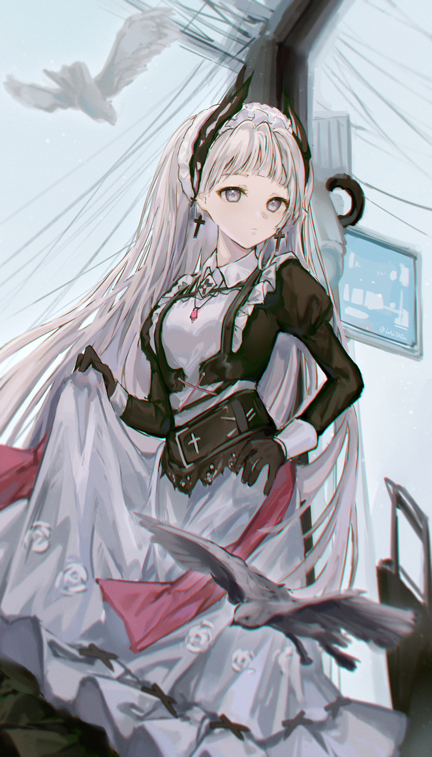 1girl animal apron arknights bird black_dress black_gloves blue_sky closed_mouth commentary_request cross cross_earrings day dress earrings frills gloves grey_eyes grey_hair highres ichita_(yixisama-shihaohaizhi) irene_(arknights) irene_(voyage_of_feathers)_(arknights) jewelry juliet_sleeves latin_cross long_hair long_sleeves maid outdoors puffy_sleeves sky solo very_long_hair white_apron