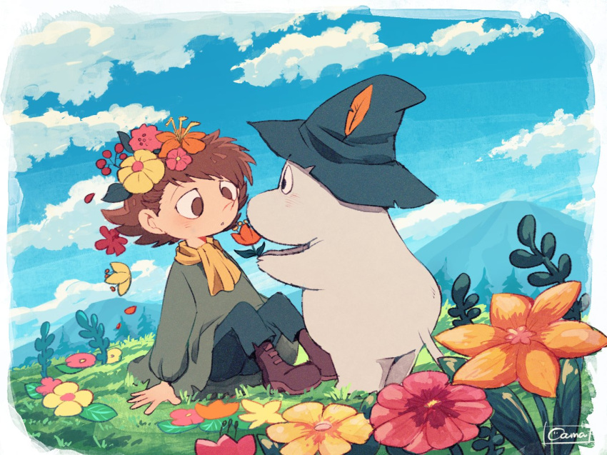 2boys amazou black_eyes brown_eyes brown_footwear brown_hair clouds cloudy_sky commentary_request day flower grass hat_feather holding holding_flower male_focus moomin moomintroll mountain multiple_boys nature no_headwear on_grass on_ground outdoors sky snufkin tail tree