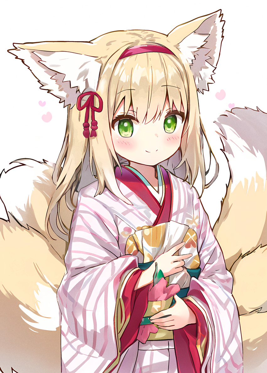1girl alternate_costume animal_ear_fluff animal_ears arknights auto_ins blonde_hair blush closed_mouth commentary cowboy_shot fox_ears fox_girl fox_tail green_eyes hair_ornament hairband heart highres japanese_clothes kimono kitsune kyuubi long_hair long_sleeves looking_at_viewer multiple_tails pink_kimono red_hairband smile solo split_mouth suzuran_(arknights) tail tassel tassel_hair_ornament white_background white_hair wide_sleeves
