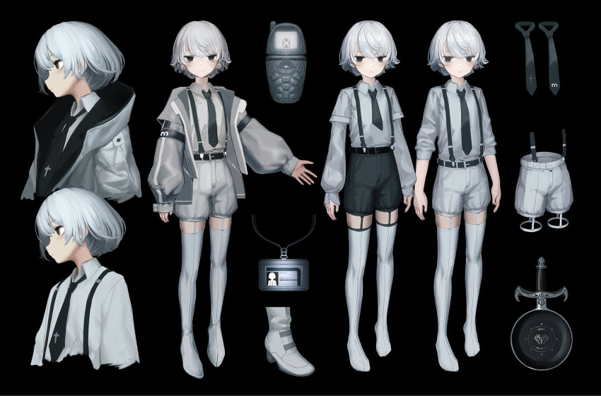 1girl black_background black_eyes black_necktie black_shorts boots cellphone closed_mouth full_body garter_straps grey_hair grey_jacket grey_shirt highres id_card jacket layered_sleeves looking_at_viewer m._(emudotto) multiple_views necktie open_clothes open_jacket original phone reference_sheet shirt short_hair shorts simple_background suspender_shorts suspenders thigh-highs white_thighhighs