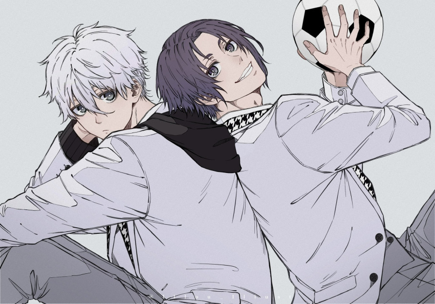 2boys ball black_eyes black_hoodie blue_lock closed_mouth commentary_request cowboy_shot grey_background grey_pants grin hand_up hands_up highres holding holding_ball hood hood_down hoodie jacket knees_up lllou_illust long_sleeves looking_at_viewer male_focus mikage_reo multiple_boys nagi_seishirou pants purple_hair school_uniform short_hair simple_background sitting smile soccer_ball teeth twitter_username violet_eyes white_hair white_jacket