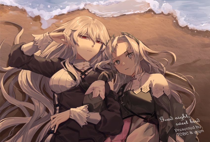 2girls absurdres arknights artist_request beach black_dress black_gloves black_shirt capelet collaboration day dress forehead gloves grey_eyes grey_hair hair_between_eyes hand_up highres irene_(arknights) long_hair long_sleeves looking_at_viewer lying multiple_girls on_back outdoors parted_bangs parted_lips puffy_long_sleeves puffy_sleeves red_eyes sand shirt skirt very_long_hair water white_capelet white_skirt yoruyume