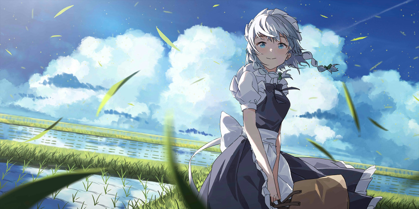 1girl agas_(vpwt7475) apron back_bow bag blue_eyes blush bow bowtie braid brown_bag closed_mouth clouds cowboy_shot day dress floating_hair green_bow grey_bow grey_bowtie grey_dress grey_hair hair_bow highres holding holding_bag izayoi_sakuya looking_at_viewer maid_headdress medium_hair non-web_source official_art outdoors own_hands_together puffy_short_sleeves puffy_sleeves rice_paddy second-party_source shirt short_sleeves sky sleeve_cuffs smile solo touhou touhou_lost_word twin_braids v_arms waist_apron water white_apron white_bow white_shirt