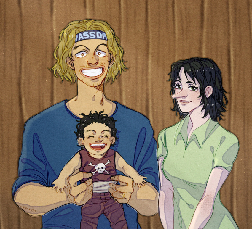 1girl 2boys banchina black_hair blonde_hair closed_mouth facial_hair family father_and_son headband jewelry just_noi long_nose looking_at_viewer medium_hair mother_and_son multiple_boys one_piece open_mouth ring short_hair smile usopp wavy_hair yasopp