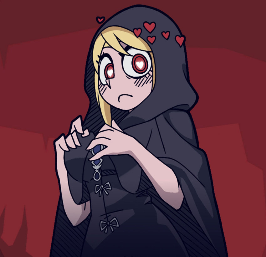 1girl black_cloak black_dress blonde_hair blush cloak closed_mouth commentary dress elden_ring english_commentary fia_the_deathbed_companion heart heart-shaped_pupils helltaker highres hood hood_up hooded_cloak long_hair looking_at_viewer red_background red_eyes shi_ling_yu solo symbol-shaped_pupils vanripper_(style)