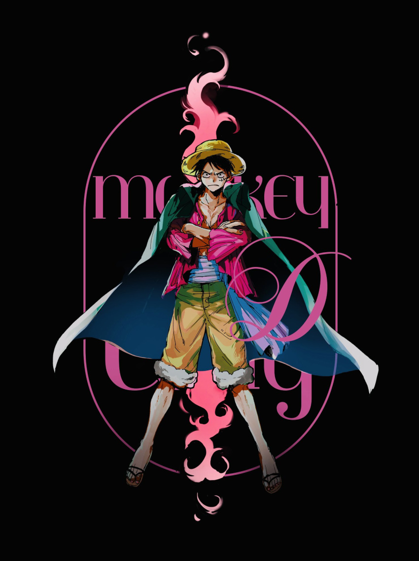 1boy black_background black_hair blue_sash buttons character_name closed_mouth coat collarbone cross_scar crossed_arms full_body fur-trimmed_shorts fur_trim green_coat green_jacket hat highres jacket jacket_on_shoulders long_sleeves looking_at_viewer male_focus monkey_d._luffy one_piece open_clothes red_shirt rikyuu sandals sash scar scar_on_cheek scar_on_chest scar_on_face serious shirt short_hair shorts solo straw_hat wide_sleeves yellow_headwear yellow_shorts