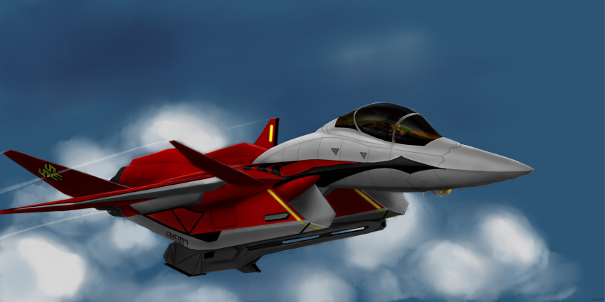 3d absurdres ace_combat ace_combat_7 aircraft airplane blue_sky canards canopy_(aircraft) clouds commentary_request contrail crossover energy_cannon fighter_jet flying fusion gunpod highres jet macross macross_frontier mecha military military_vehicle robot roundel s.m.s. science_fiction sky user_addm3542 variable_fighter x-02s_strike_wyvern