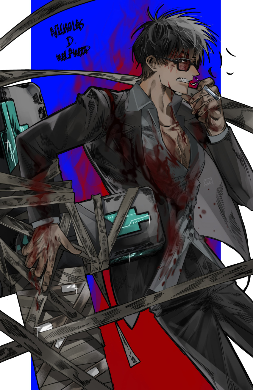 1boy absurdres black_eyes black_hair black_pants black_shirt blood blood_on_clothes blood_on_face blood_on_hands character_name clenched_teeth collarbone collared_shirt cowboy_shot cross glasses grey_shirt hand_up highres holding long_sleeves male_focus nicholas_d._wolfwood pants partially_unbuttoned shirt short_hair solo standing taco_v3 teeth trigun trigun_stampede vial