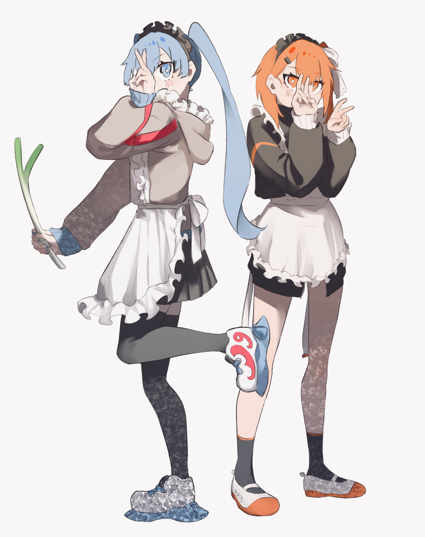 2girls a.i._voice adachi_rei alternate_costume apron bent_v black_jacket black_skirt black_socks black_thighhighs blue_eyes blue_hair blue_nails bright_pupils commentary covered_mouth double_v facial_tattoo food frilled_hood frills full_body grey_jacket hair_behind_ear hair_ornament hair_ribbon hairclip hand_up hands_up hatsune_miku highres holding holding_food holding_spring_onion holding_vegetable hood hood_down hooded_jacket jacket jersey_maid long_sleeves looking_at_viewer maid_apron medium_hair multiple_girls number_tattoo orange_eyes orange_hair platform_footwear pleated_skirt ribbon shoes simple_background skirt sneakers socks spring_onion standing standing_on_one_leg tattoo thigh-highs track_jacket utau uwabaki v vegetable vocaloid wavy_eyes white_background white_pupils white_ribbon x_oo39