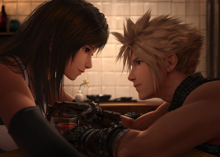 1boy 1girl absurdres alcohol bare_shoulders black_gloves black_hair black_sports_bra blonde_hair blue_eyes breasts close-up closed_mouth cloud_strife commentary couple cup earrings elbow_gloves english_commentary eye_contact final_fantasy final_fantasy_vii final_fantasy_vii_remake fingerless_gloves flower from_side gloves highres holding holding_cup indoors jewelry large_breasts lips long_hair looking_at_another plant potted_plant profile red_eyes safaiaart single_earring sleeveless sleeveless_turtleneck smile spiky_hair sports_bra stud_earrings sweater swept_bangs tank_top tifa_lockhart turtleneck turtleneck_sweater upper_body white_tank_top yellow_flower