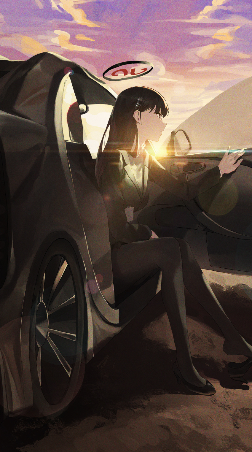 1girl absurdres black_hair black_jacket black_pantyhose blazer blue_archive breasts car from_side halo highres jacket kji_(rozo) lens_flare looking_ahead medium_breasts motor_vehicle outdoors pantyhose profile rio_(blue_archive) sitting solo straight_hair sunset