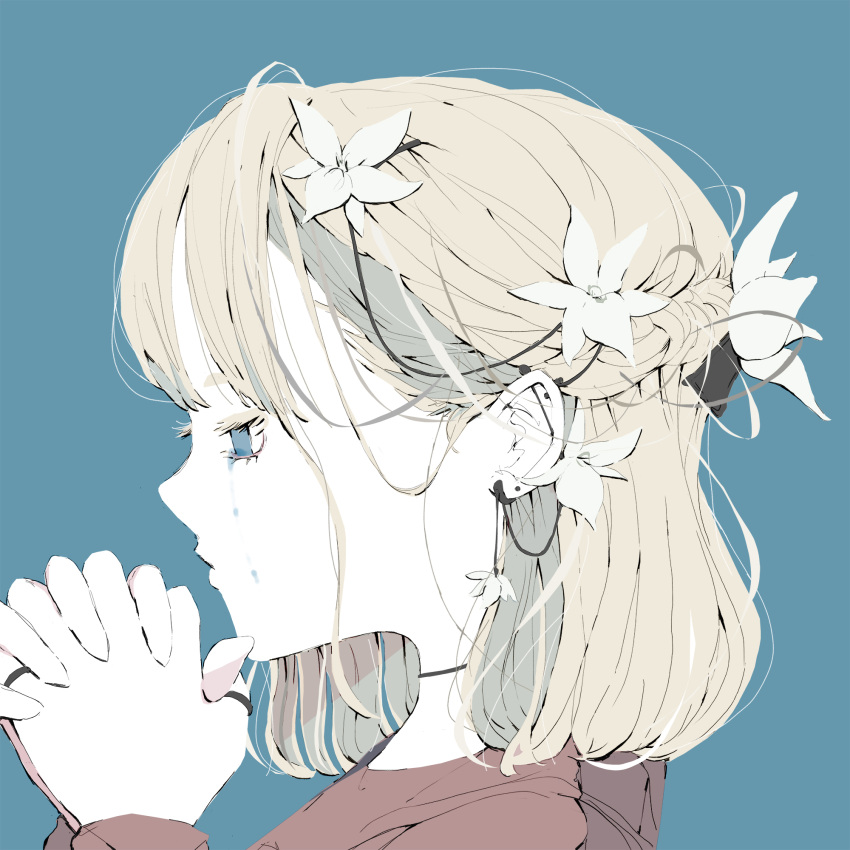 1girl black_choker blonde_hair blue_background blue_eyes braid choker colored_eyelashes commentary_request crying crying_with_eyes_open earrings flower flower_earrings french_braid from_side highres jewelry long_bangs long_sleeves looking_down medium_hair no_pupils nocopyrightgirl original own_hands_clasped own_hands_together pale_skin parted_lips portrait red_shirt ring shirt solo tears white_flower