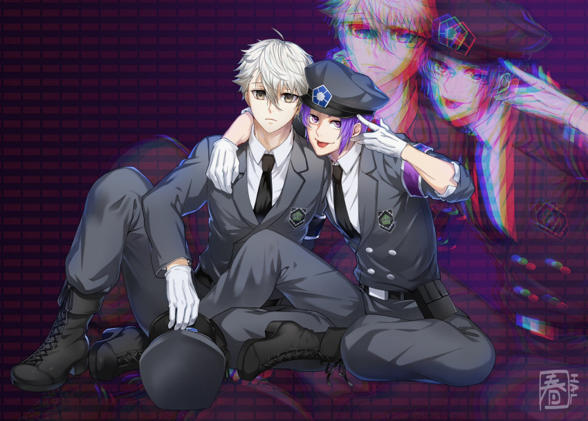 2boys arm_around_neck belt black_belt black_necktie blue_lock boots brown_eyes buttons closed_mouth collared_shirt gloves grey_headwear hair_between_eyes halu-ca hat highres lapels long_sleeves male_focus mikage_reo military military_hat military_uniform multiple_boys nagi_seishirou necktie notched_lapels purple_hair shirt shoelaces short_hair signature sitting tongue tongue_out uniform violet_eyes white_gloves white_hair