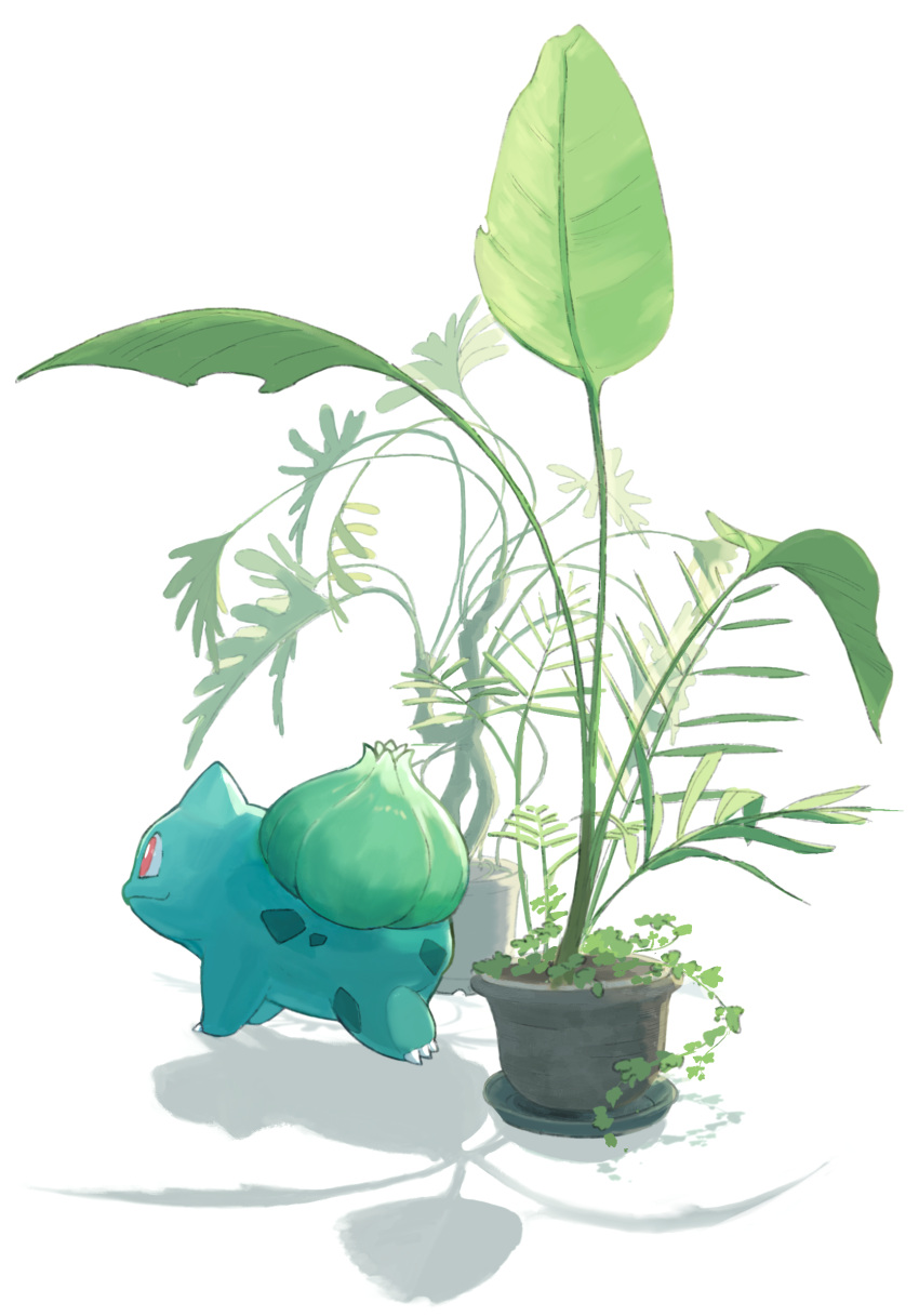 bright_pupils bulbasaur claws closed_mouth highres momota_pix no_humans orange_eyes plant pokemon pokemon_(creature) potted_plant solo standing white_background white_pupils