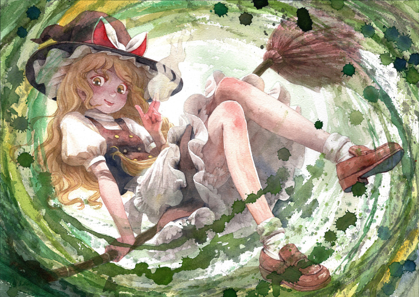 blonde_hair bloomers broom green_background highres kirisame_marisa looking_at_viewer misawa_hiroshi painting_(medium) touhou traditional_media underwear unfinished_dream_of_all_living_ghost watercolor_(medium)