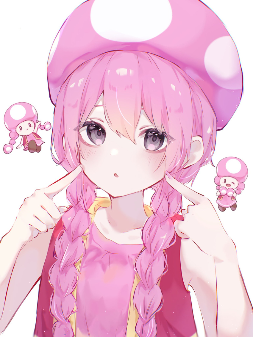 1girl braid commentary highres humanization long_hair pink_eyes pink_hair pink_headwear pointing pointing_at_self r_aa3n simple_background sleeveless solo super_mario_bros. super_mario_maker toadette twin_braids white_background
