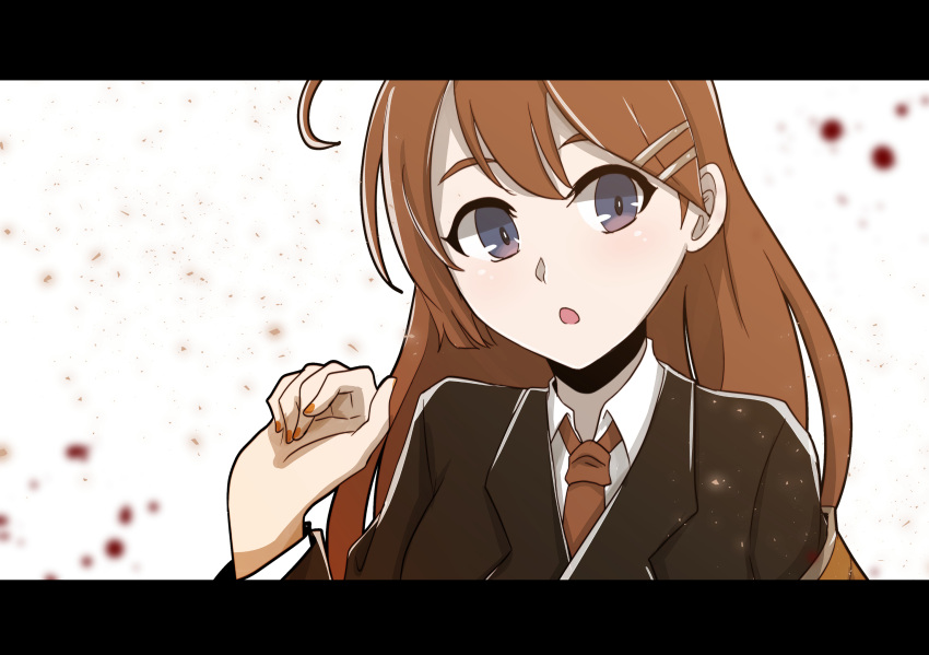 1girl black_jacket blue_eyes breasts brown_hair brown_necktie collared_shirt commentary_request hair_ornament hairclip hand_up highres hod_(project_moon) jacket lobotomy_corporation long_hair long_sleeves necktie open_mouth orange_nails project_moon sakuya_996 shirt small_breasts solo white_shirt
