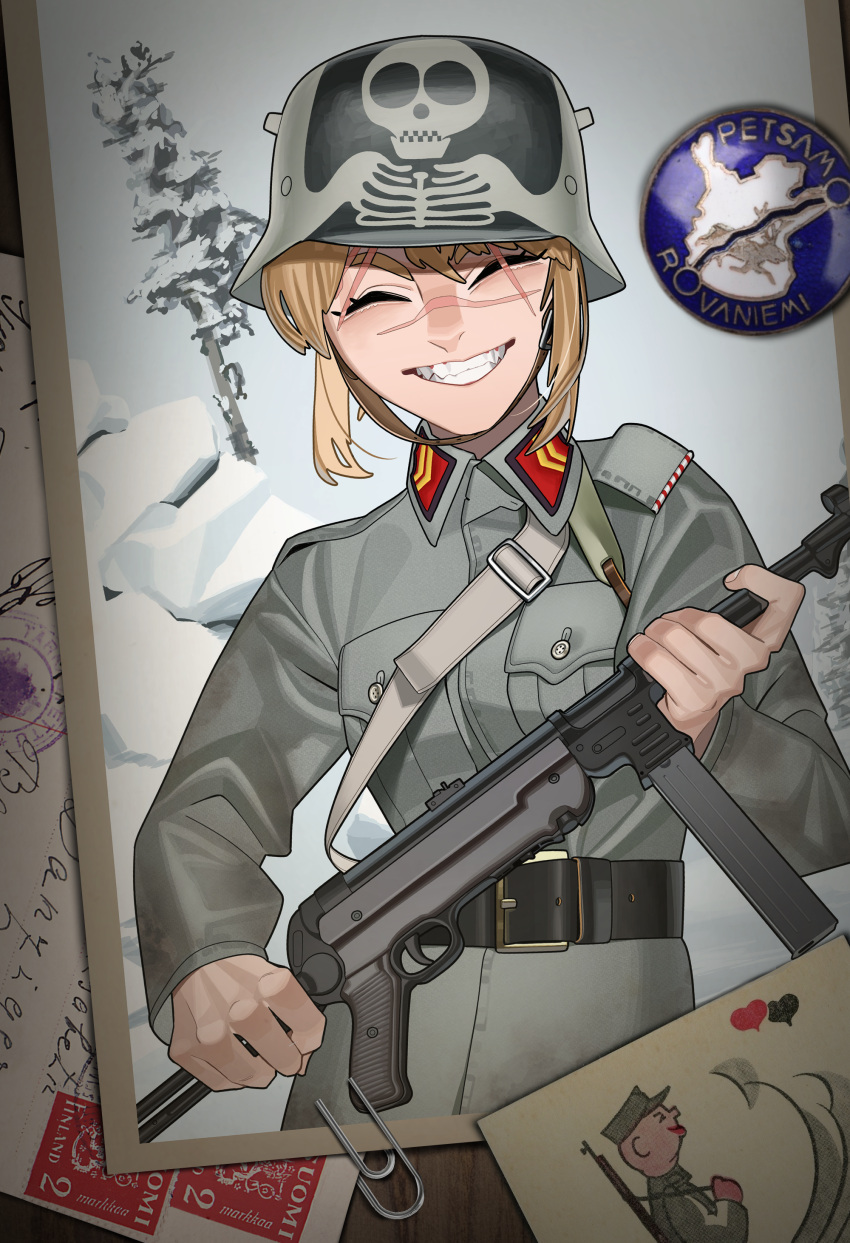 1girl absurdres belt black_belt blonde_hair chevron_(symbol) closed_eyes eyebrow_cut grey_sky gun hearts_of_iron helmet highres holding holding_gun holding_weapon kaiserreich military military_helmet mp40 paperclip picture_(object) postage_stamp postcard pzkpfwi scar scar_on_face scar_on_nose short_hair sky smile snow_on_tree solo submachine_gun tree weapon