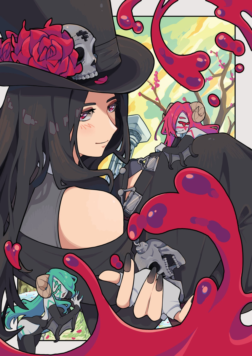 1other 2girls androgynous aqua_eyes aqua_hair ascot bare_shoulders black_hair black_headwear black_nails blood cherry_blossoms detached_sleeves fingerless_gloves flower gloves guilty_gear guilty_gear_strive hair_over_one_eye hat highres long_hair looking_at_viewer multiple_girls other_focus petals pink_eyes pink_hair red_eyes red_flower red_rose rose skull slippy_(734nyui) smile succubus_familiar testament_(guilty_gear) top_hat white_ascot white_gloves