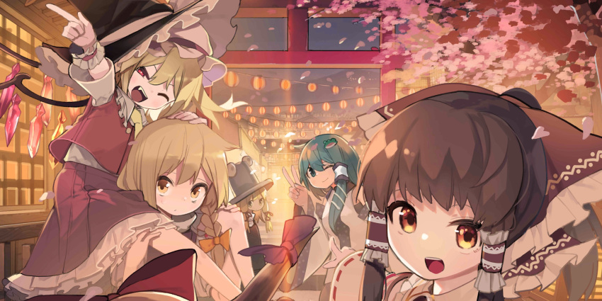 6+girls :/ ;) ;d akimaki_yuu ascot black_headwear blonde_hair bow braid brown_hair building carrying cherry_blossoms collared_shirt crystal fang flandre_scarlet frilled_bow frilled_hair_tubes frilled_shirt_collar frilled_skirt frills frog_hair_ornament green_eyes green_hair grey_headwear hair_between_eyes hair_bow hair_ornament hair_ribbon hair_tubes hakurei_reimu hat highres horn_bow horn_ornament horns ibuki_suika kirisame_marisa kochiya_sanae lantern looking_at_viewer moriya_suwako multiple_girls non-web_source official_art one_eye_closed oni_horns open_mouth orange_bow outdoors paper_lantern pointing ponytail purple_bow red_bow red_eyes red_ribbon red_skirt red_vest ribbon second-party_source shirt shoulder_carry sidelocks single_braid skirt smile snake_hair_ornament sweatdrop torii touhou touhou_lost_word upper_body v vest white_shirt wings witch_hat wrist_cuffs yellow_ascot yellow_eyes