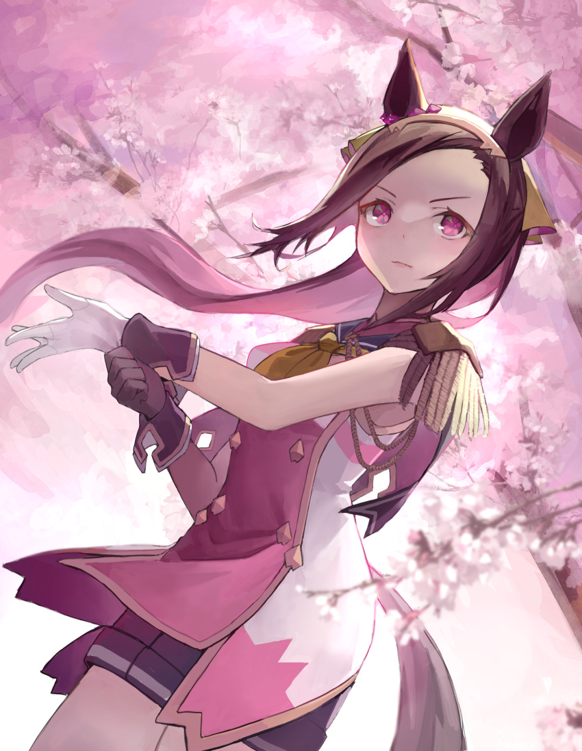1girl adjusting_clothes adjusting_gloves animal_ears asymmetrical_gloves black_gloves black_shorts breasts brown_hair buttons cherry_blossoms closed_mouth cowboy_shot double-breasted epaulettes floating_hair flower-shaped_pupils gloves hairband highres horse_ears horse_girl horse_tail kogomiza long_hair mismatched_gloves neckerchief outdoors pink_eyes sailor_collar sakura_bakushin_o_(umamusume) shorts sleeveless sleeveless_jacket small_breasts solo standing symbol-shaped_pupils tail tree umamusume white_gloves yellow_neckerchief