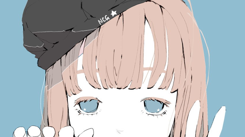 1girl artist_name beret black_headwear blue_background blue_eyes brown_hair choppy_bangs colored_eyelashes commentary_request hat head_only highres long_bangs long_hair looking_at_viewer no_pupils nocopyrightgirl original pale_skin peeking sidelocks simple_background solo star_(symbol) star_in_eye straight-on straight_hair symbol_in_eye v watermark