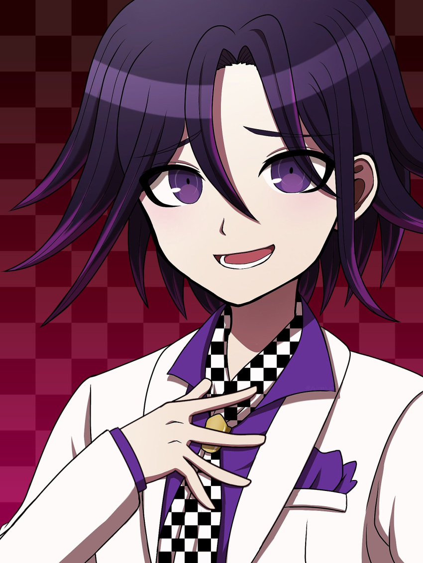 1boy :d black_hair breast_pocket checkered_background checkered_clothes checkered_scarf danganronpa_(series) danganronpa_10th_anniversary_costume danganronpa_v3:_killing_harmony hand_up highres jacket long_sleeves lower_teeth_only male_focus official_alternate_costume oma_kokichi open_clothes open_jacket pocket purple_hair purple_shirt red_background scarf shirt short_hair smile solo suiren_yurei teeth tongue violet_eyes white_jacket