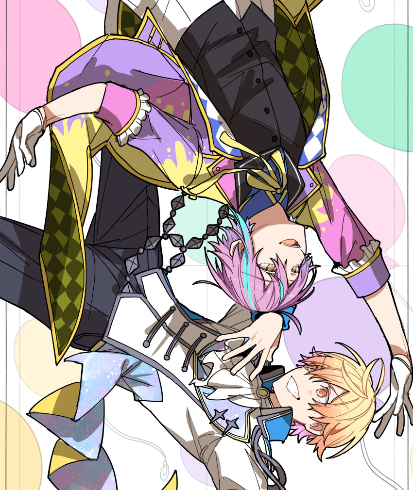 2boys absurdres ascot black_vest blonde_hair blue_hair blue_shirt coat falling gloves highres hoshi-toge jacket kamishiro_rui long_sleeves looking_at_another male_focus multicolored_hair multiple_boys neck_ribbon open_mouth project_sekai purple_coat purple_hair ribbon shirt smile streaked_hair teeth tenma_tsukasa vest white_ascot white_gloves white_jacket yellow_eyes yellow_ribbon