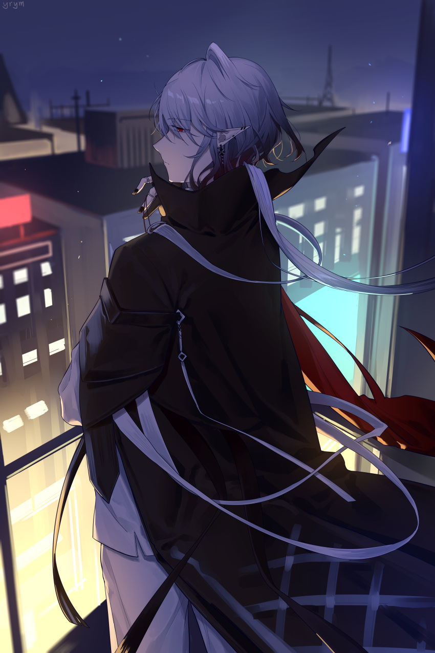 absurdres ahoge arknights black_jacket black_nails building character_request closed_mouth grey_hair hand_up highres jacket long_hair looking_away night night_sky outdoors pants pointy_ears popped_collar profile red_eyes shirt signature sky very_long_hair white_pants white_shirt yoruyume