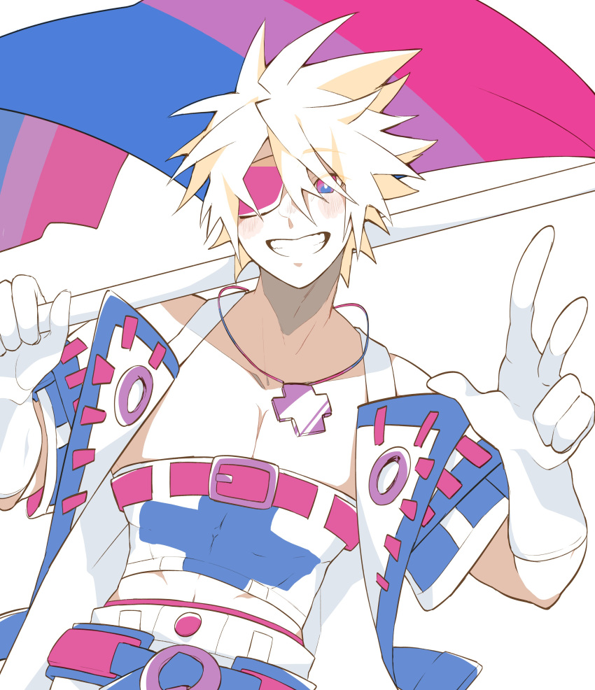 1boy absurdres alternate_eye_color belt bisexual_flag blonde_hair blue_eyes blush covered_abs eyepatch flag flagpole gloves gradient_eyes grin guilty_gear guilty_gear_xrd highres holding holding_flag jewelry looking_at_viewer male_focus multicolored_eyes necklace pectorals pink_eyes short_hair sin_kiske slippy_(734nyui) smile v variant_set white_gloves