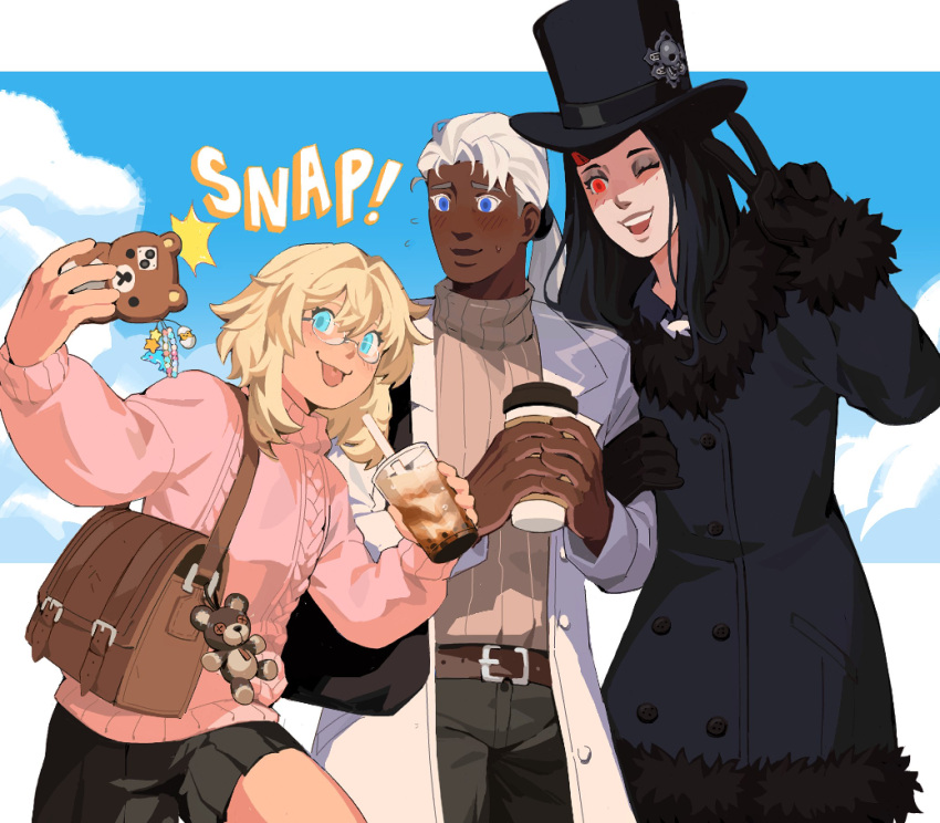 1boy 1girl 1other :p alternate_costume androgynous aqua_eyes black_coat black_gloves black_hair black_shorts blonde_hair blue_eyes bridget_(guilty_gear) bubble_tea cellphone coat cup dark-skinned_male dark_skin disposable_cup drink drinking_straw fur-trimmed_coat fur-trimmed_sleeves fur_collar fur_trim gloves guilty_gear guilty_gear_strive guilty_gear_xrd hat hat_ornament highres holding holding_cup holding_drink holding_phone long_hair long_sleeves looking_at_another looking_at_phone looking_at_viewer medium_hair official_alternate_costume one_eye_closed phone pink_sweater red_eyes roger_(guilty_gear) round_eyewear selfie shorts skull_hat_ornament smartphone smile sorrysap stuffed_animal stuffed_toy sweater taking_picture teddy_bear testament_(guilty_gear) tongue tongue_out top_hat v venom_(guilty_gear) white_hair