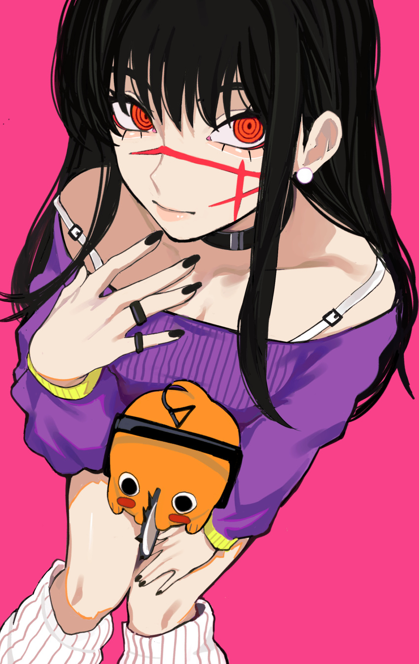 1girl absurdres black_choker black_hair black_nails blush bra_strap chainsaw chainsaw_man choker cross_scar earrings foreshortening highres jewelry leg_warmers long_hair looking_at_viewer multiple_rings off-shoulder_sweater off_shoulder pearl_earrings pink_background pochita_(chainsaw_man) purple_sweater red_eyes ring ringed_eyes sailen0 scar scar_on_cheek scar_on_face simple_background sitting sitting_on_lap sitting_on_person smile sweater yoru_(chainsaw_man)