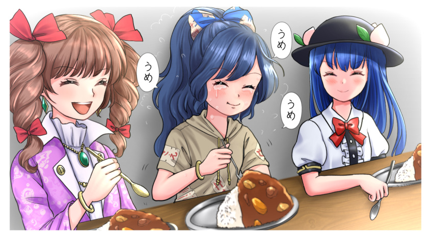 3girls :d blue_hair blush border bow bowtie brown_hair coat commentary_request crying drill_hair eating flat_chest flying_sweatdrops happy hat high_ponytail hinanawi_tenshi holding holding_spoon kyabekko long_hair multiple_girls open_mouth purple_coat red_bow red_bowtie smile spoon table touhou twin_drills upper_body white_border yorigami_jo'on yorigami_shion