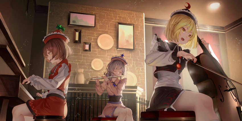 3girls :d black_headwear black_skirt black_vest blonde_hair blue_hair brick_wall brown_eyes brown_hair ceiling_light cello closed_mouth collared_shirt collared_vest curtains fingernails fireplace flute frilled_shirt_collar frilled_sleeves frills hat highres holding holding_bow_(music) holding_instrument indoors instrument long_sleeves lunasa_prismriver lyrica_prismriver medium_hair merlin_prismriver multiple_girls music nail_polish non-web_source official_art open_mouth piano picture_(object) pink_headwear pink_nails pink_shirt pink_skirt playing_instrument red_headwear red_skirt red_vest saraki second-party_source shirt short_hair siblings sisters skirt sleeve_cuffs smile stool teeth touhou touhou_lost_word upper_teeth_only vest white_shirt yellow_eyes