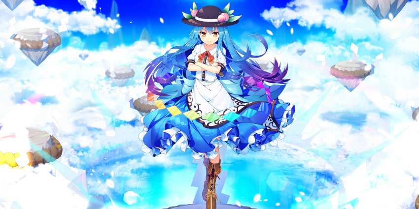 1girl alternate_hair_color apron black_headwear blue_hair blue_skirt boots bow bowtie brown_footwear closed_mouth clouds cloudy_sky collared_shirt cross-laced_footwear crossed_arms floating_hair food frilled_skirt frills fruit full_body gradient_hair hat highres hinanawi_tenshi ichiyan keystone leaf_hat_ornament long_hair looking_at_viewer multicolored_hair non-web_source official_art orange_eyes peach peach_hat_ornament puffy_short_sleeves puffy_sleeves purple_hair red_bow red_bowtie second-party_source shirt short_sleeves skirt sky sleeve_cuffs smile solo touhou touhou_lost_word v-shaped_eyebrows waist_apron white_apron white_shirt