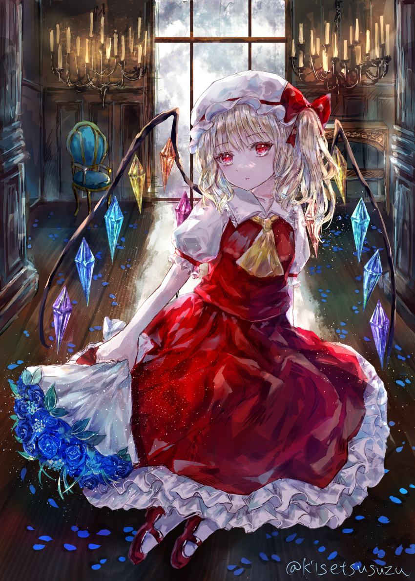 1girl absurdres backlighting blonde_hair candle commentary_request crystal flandre_scarlet full_body highres indoors looking_at_viewer medium_hair red_skirt red_vest reflective_floor sitting skirt skirt_set solo suzushina touhou vest window wings yokozuwari