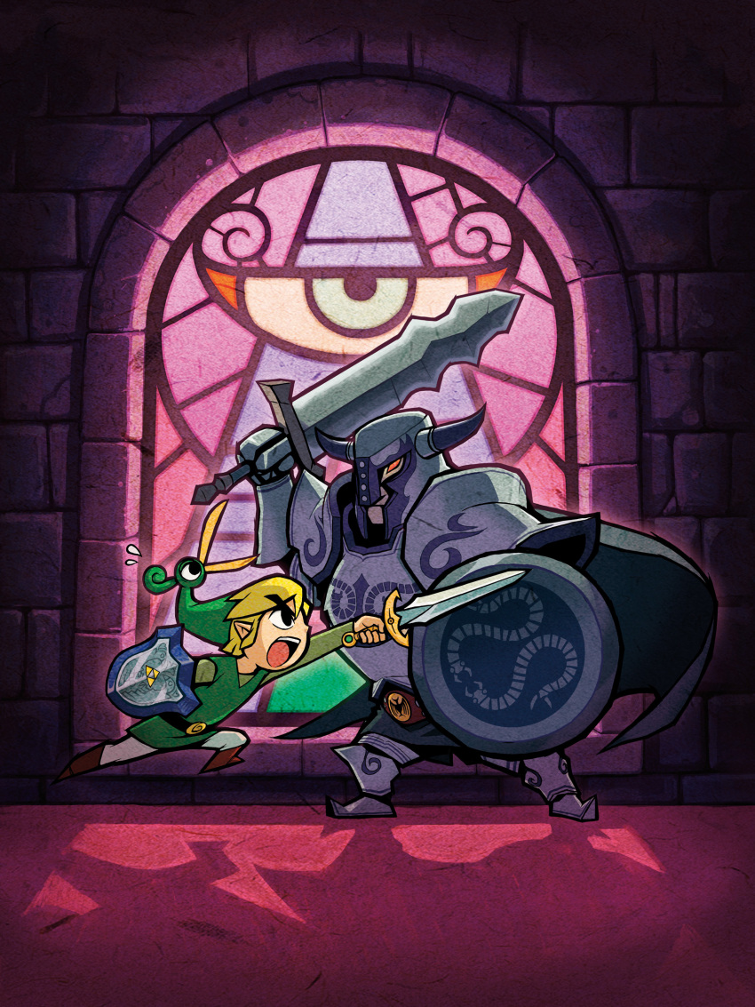 2boys absurdres armor belt blonde_hair boots brown_belt brown_footwear cape ezlo fake_horns fighting from_side green_headwear green_tunic helmet highres holding holding_shield holding_sword holding_weapon horned_helmet horns indoors link multiple_boys official_art open_mouth pointy_ears shield short_hair stained_glass sword teeth the_legend_of_zelda the_legend_of_zelda:_the_minish_cap toon_link upper_teeth_only weapon